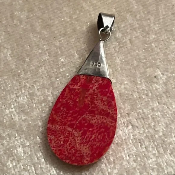 Sponge, coral, teardrop pendant set with sterling silver details 1.5” - Picture 5 of 7